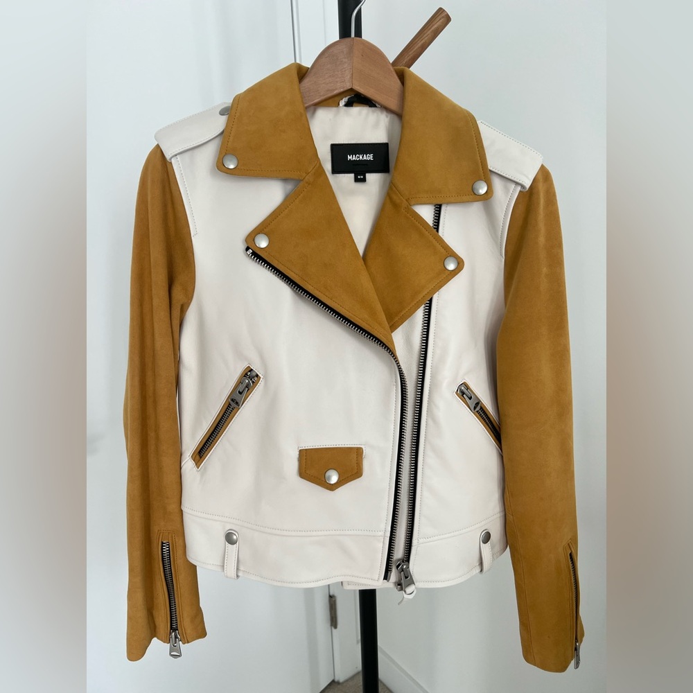 Mackage White and Mustard/Tan Leather Jacket